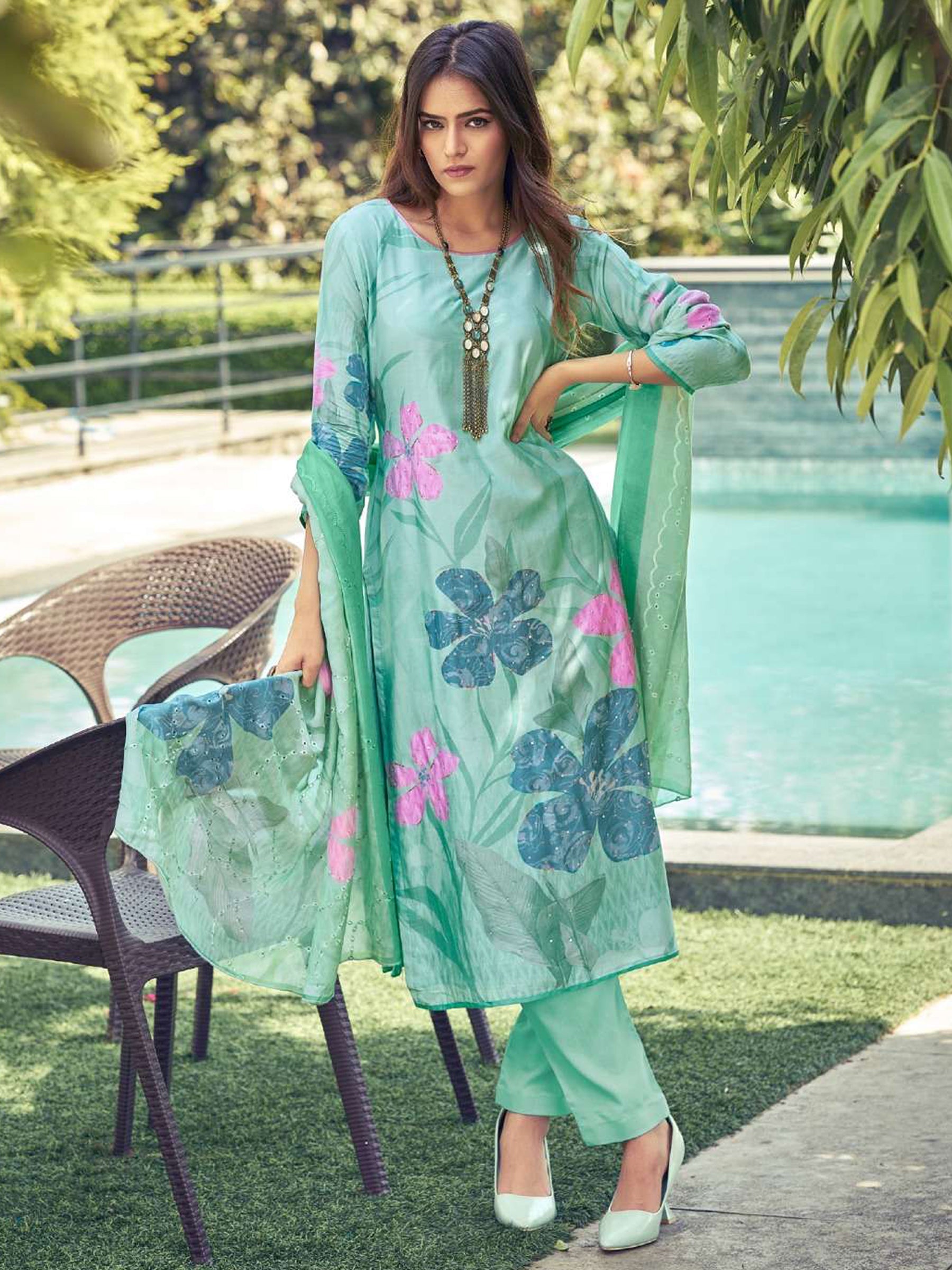 Jyoti Fashion Women's Green Muslin Floral Digital Print with Sequins Work Salwar Suit Set | Grocsy