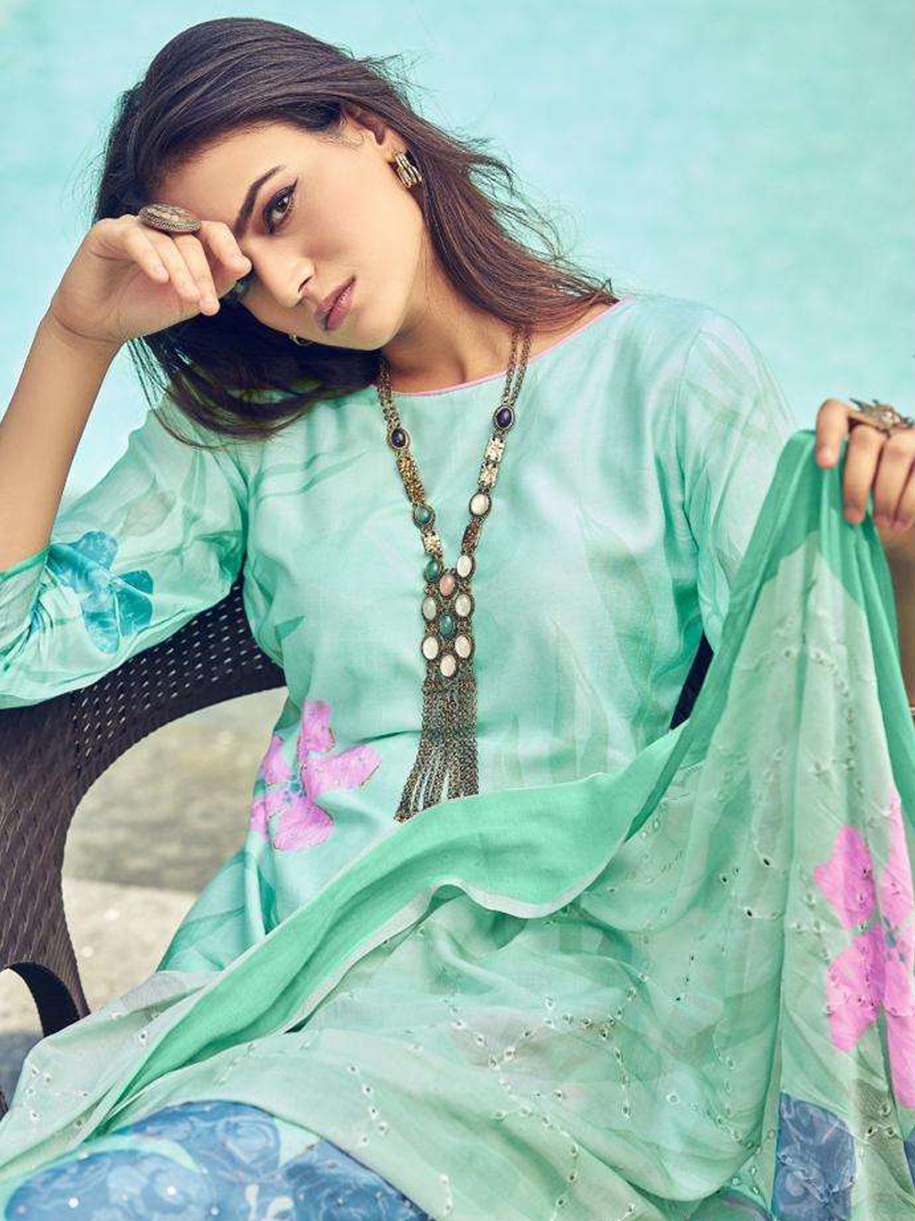 Jyoti Fashion Women's Green Muslin Floral Digital Print with Sequins Work Salwar Suit Set | Grocsy