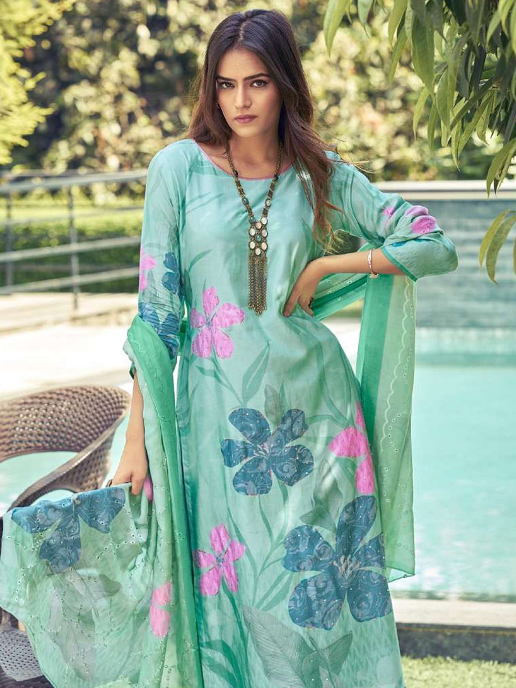 Jyoti Fashion Women's Green Muslin Floral Digital Print with Sequins Work Salwar Suit Set | Grocsy