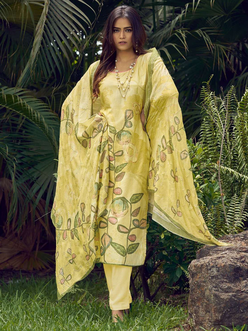 Jyoti Fashion Women's Lemon Yellow Muslin Floral Digital Print with Sequins Work Salwar Suit Set | Grocsy