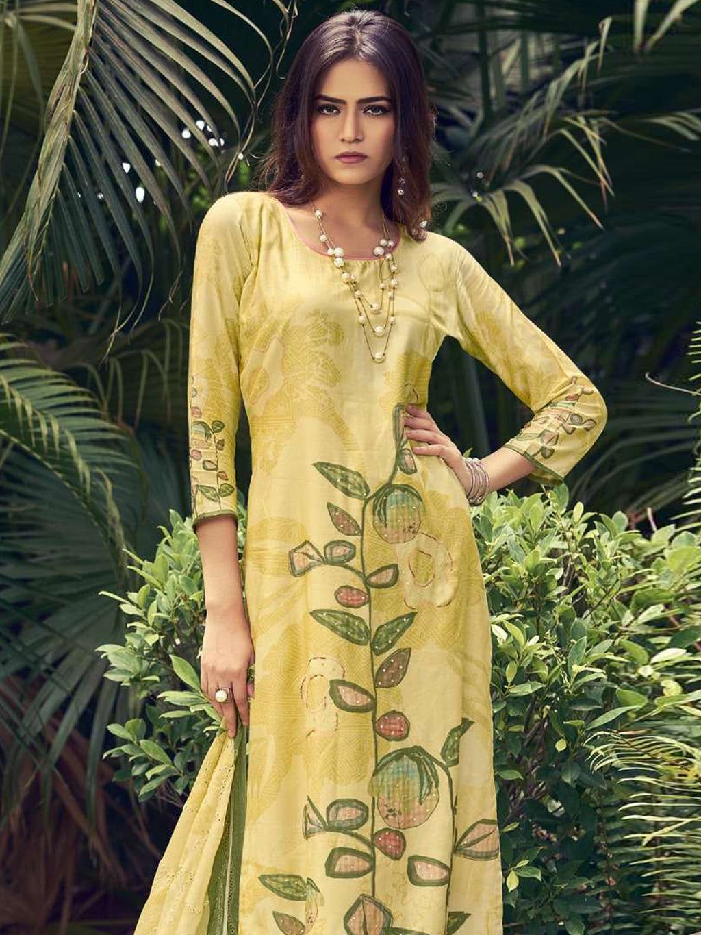 Jyoti Fashion Women's Lemon Yellow Muslin Floral Digital Print with Sequins Work Salwar Suit Set | Grocsy