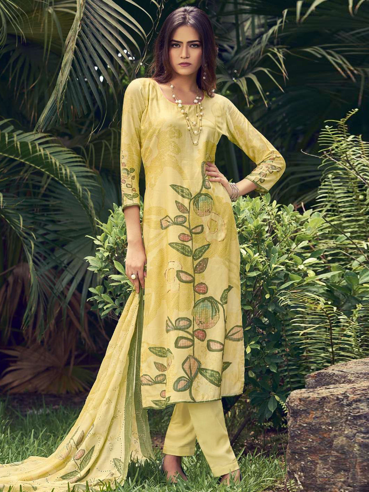 Jyoti Fashion Women's Lemon Yellow Muslin Floral Digital Print with Sequins Work Salwar Suit Set | Grocsy