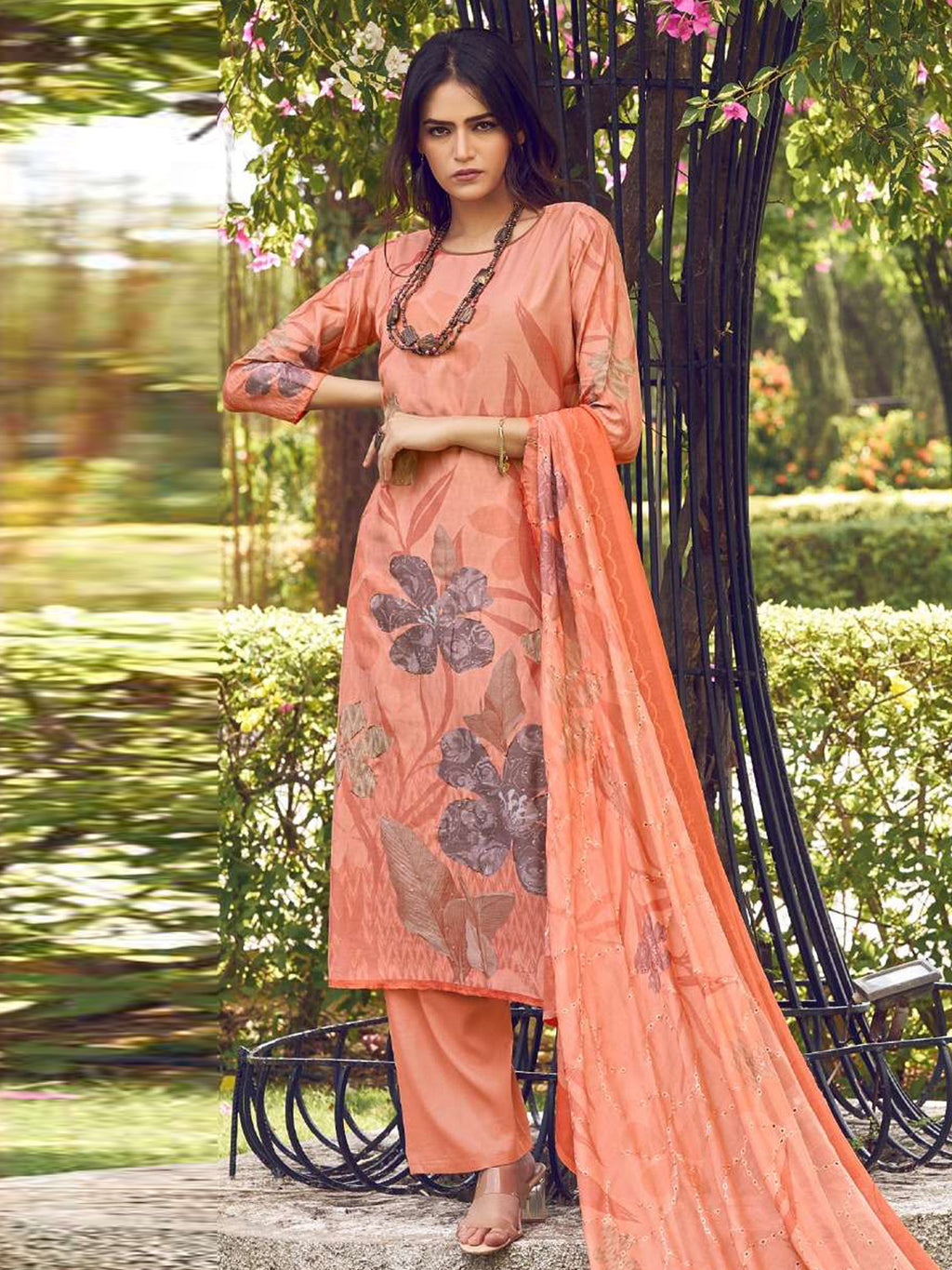 Jyoti Fashion Women's Peach Muslin Floral Digital Print with Sequins Work Salwar Suit Set | Grocsy