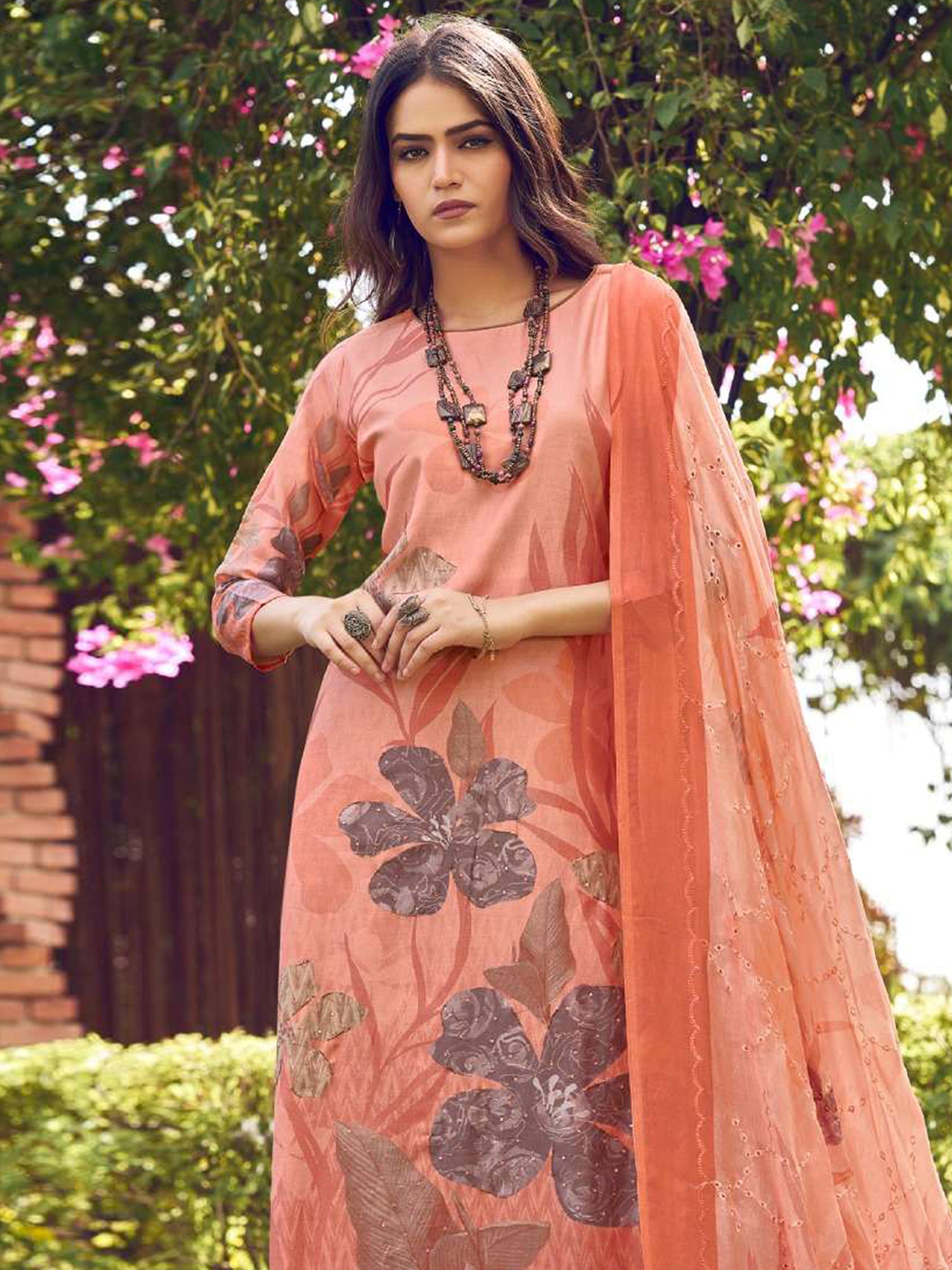 Jyoti Fashion Women's Peach Muslin Floral Digital Print with Sequins Work Salwar Suit Set | Grocsy