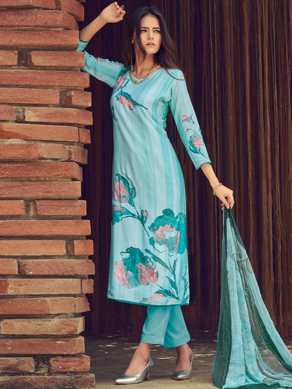 Jyoti Fashion Women's Sky Blue Muslin Floral Digital Print with Sequins Work Salwar Suit Set | Grocsy