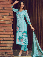 Jyoti Fashion Women's Sky Blue Muslin Floral Digital Print with Sequins Work Salwar Suit Set | Grocsy