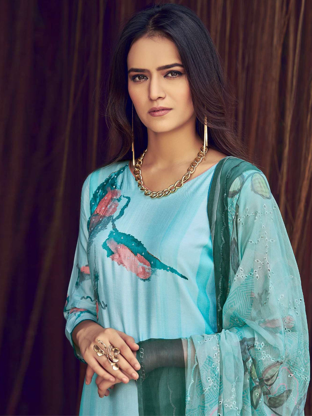 Jyoti Fashion Women's Sky Blue Muslin Floral Digital Print with Sequins Work Salwar Suit Set | Grocsy