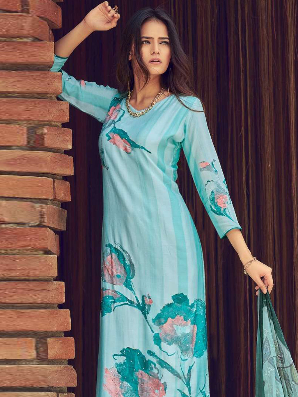 Jyoti Fashion Women's Sky Blue Muslin Floral Digital Print with Sequins Work Salwar Suit Set | Grocsy