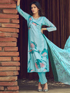 Jyoti Fashion Women's Sky Blue Muslin Floral Digital Print with Sequins Work Salwar Suit Set | Grocsy
