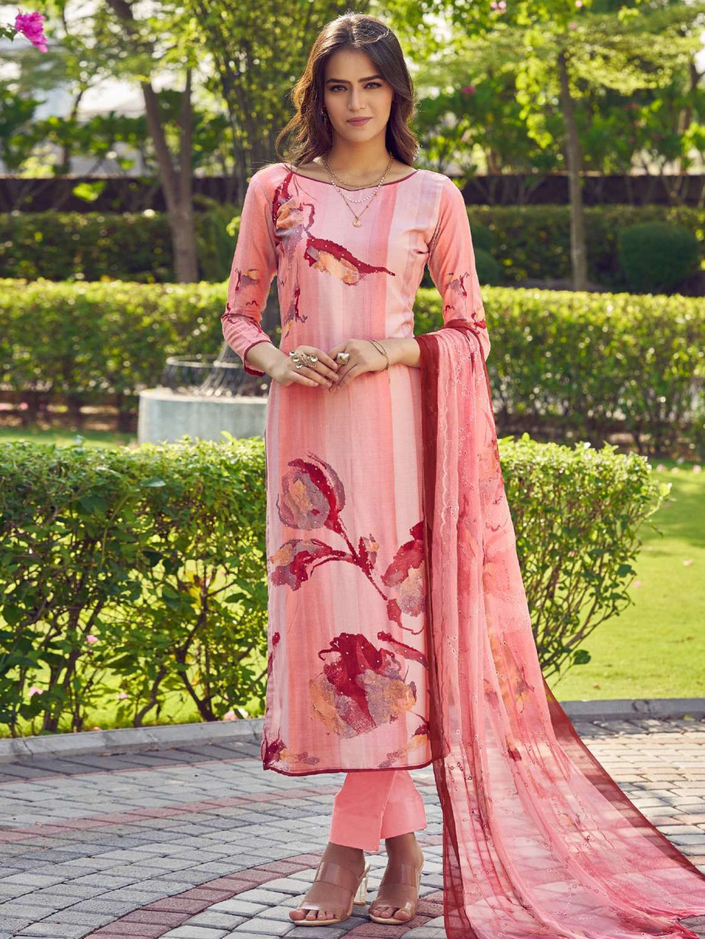 Jyoti Fashion Women's Peach Muslin Floral Digital Print with Sequins Work Salwar Suit Set | Grocsy