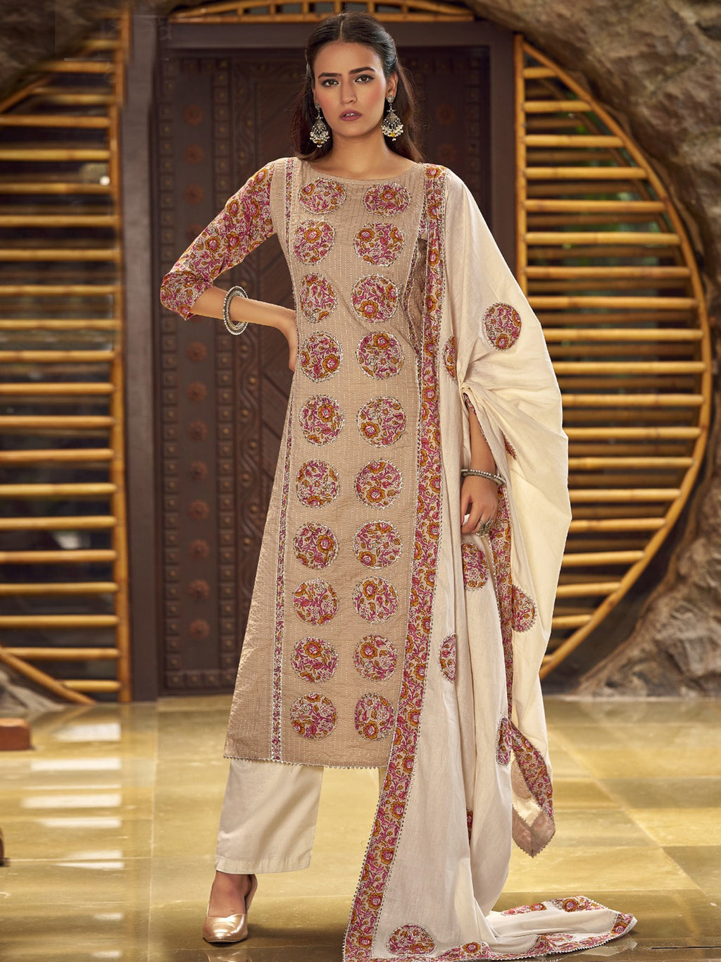 Jyoti Fashion Women's Beige Pure Cotton Digital Printed Salwar Suit Set | Grocsy