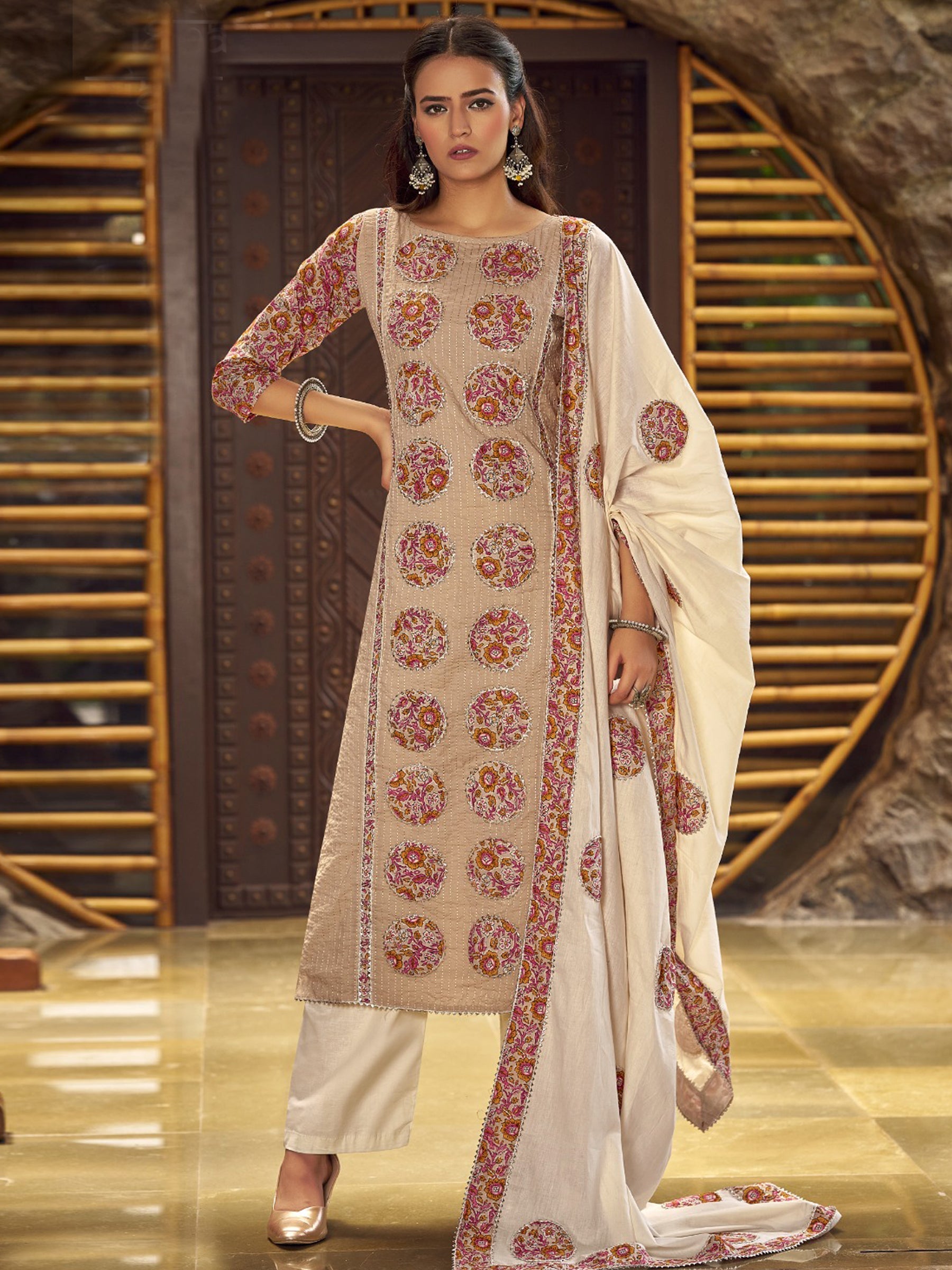 Jyoti Fashion Women's Beige Pure Cotton Digital Printed Salwar Suit Set | Grocsy