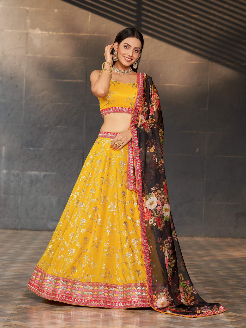Jyoti Fashion Women's Yellow Georgette Zari & Heavy Sequin Embroidery Lehenga Choli & Dupatta | Grocsy
