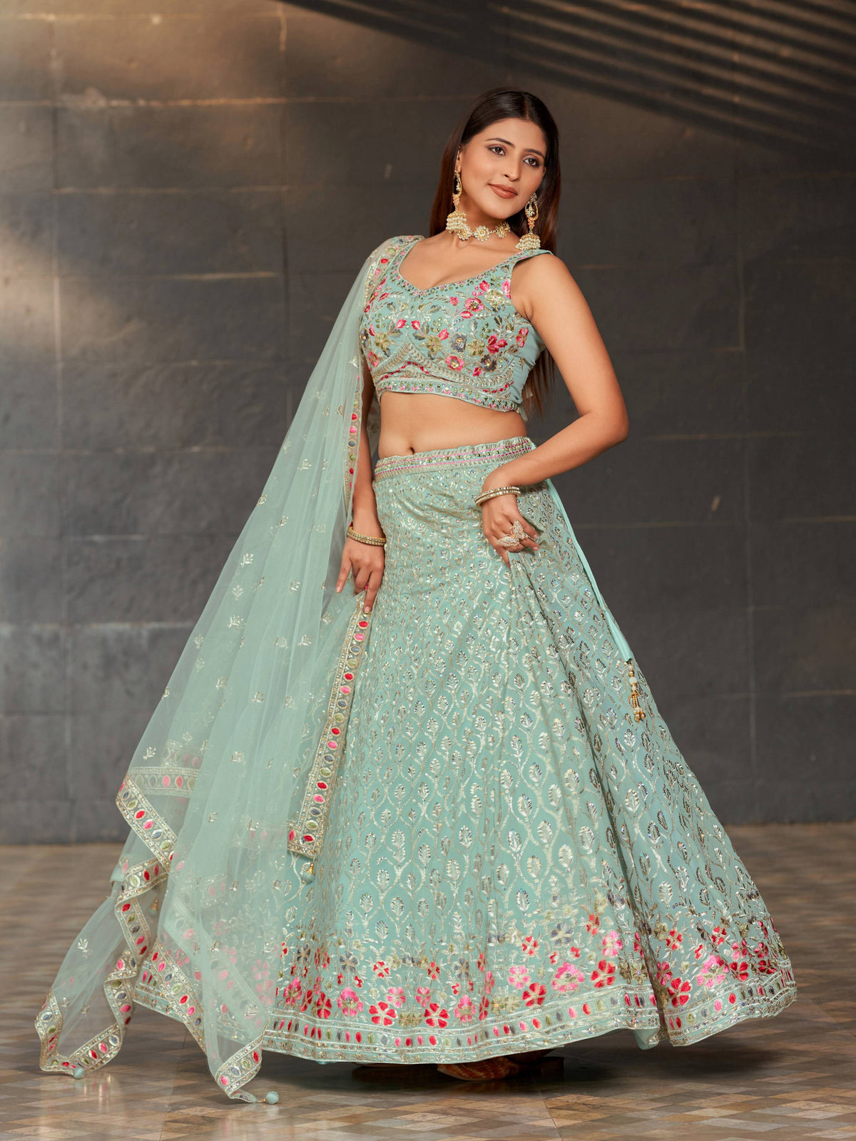 Jyoti Fashion Women's Sky Blue Georgette Zari & Heavy Sequin Embroidery Lehenga Choli & Dupatta | Grocsy