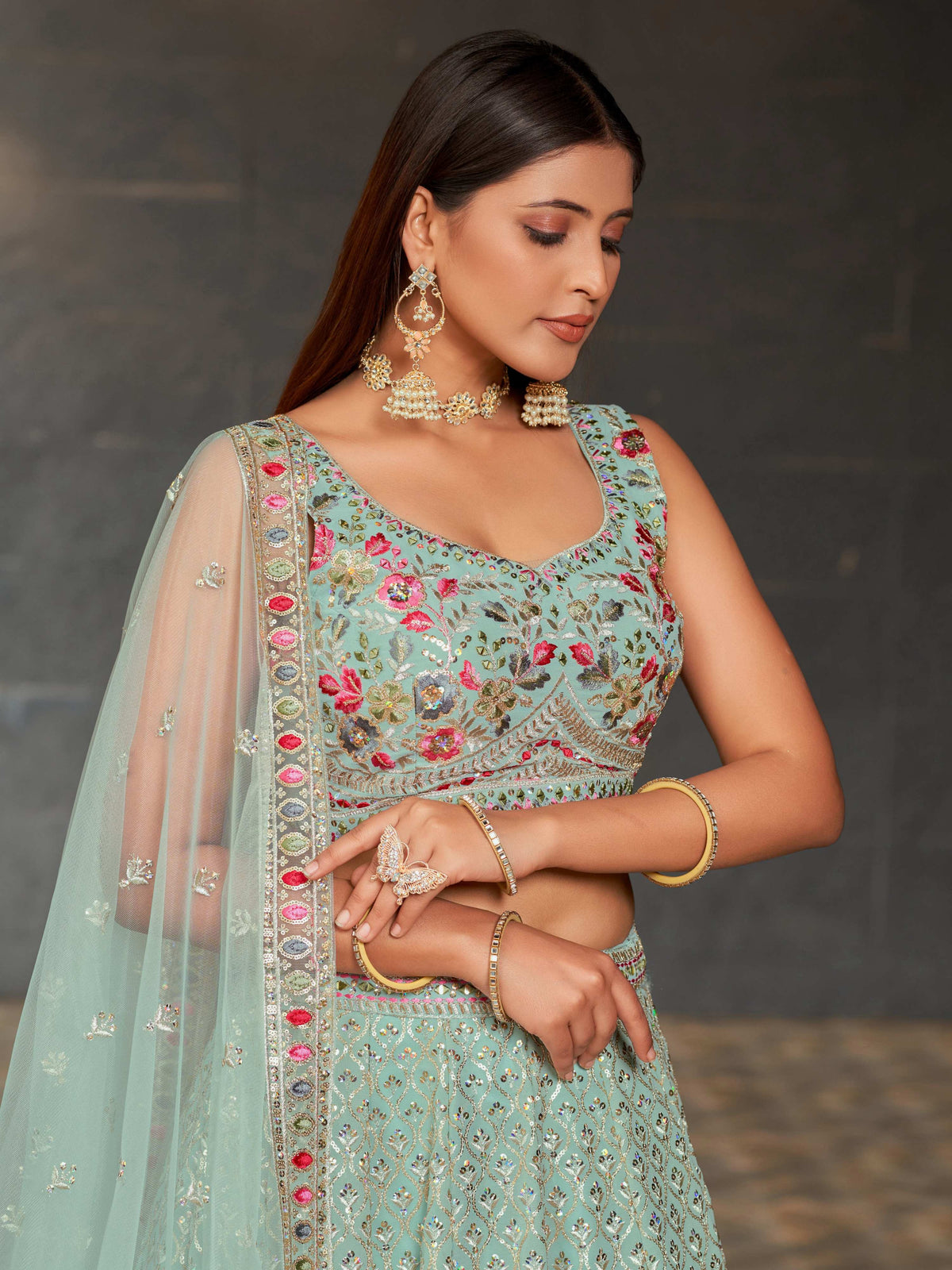Jyoti Fashion Women's Sky Blue Georgette Zari & Heavy Sequin Embroidery Lehenga Choli & Dupatta | Grocsy