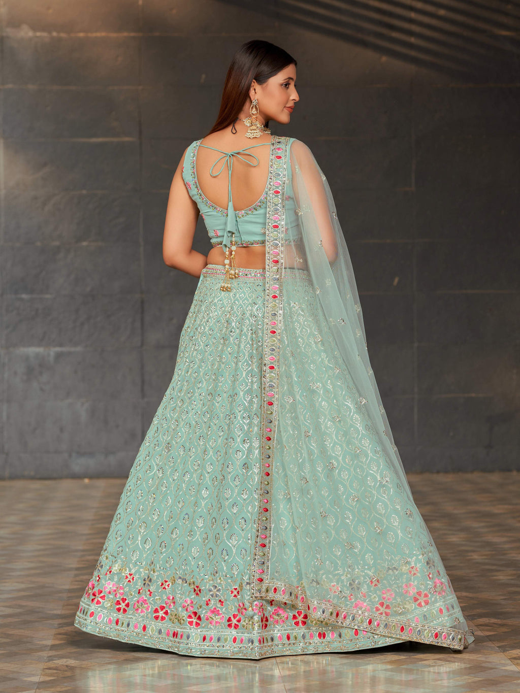 Jyoti Fashion Women's Sky Blue Georgette Zari & Heavy Sequin Embroidery Lehenga Choli & Dupatta | Grocsy