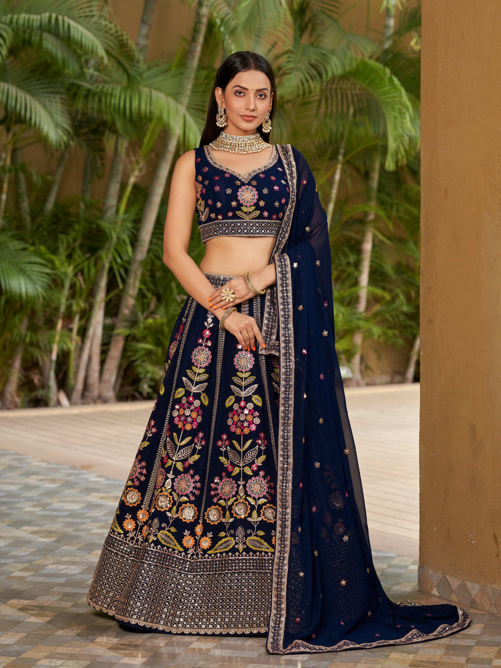 Jyoti Fashion Women's Navy Blue Georgette Zari & Heavy Sequin Embroidery Lehenga Choli & Dupatta | Grocsy