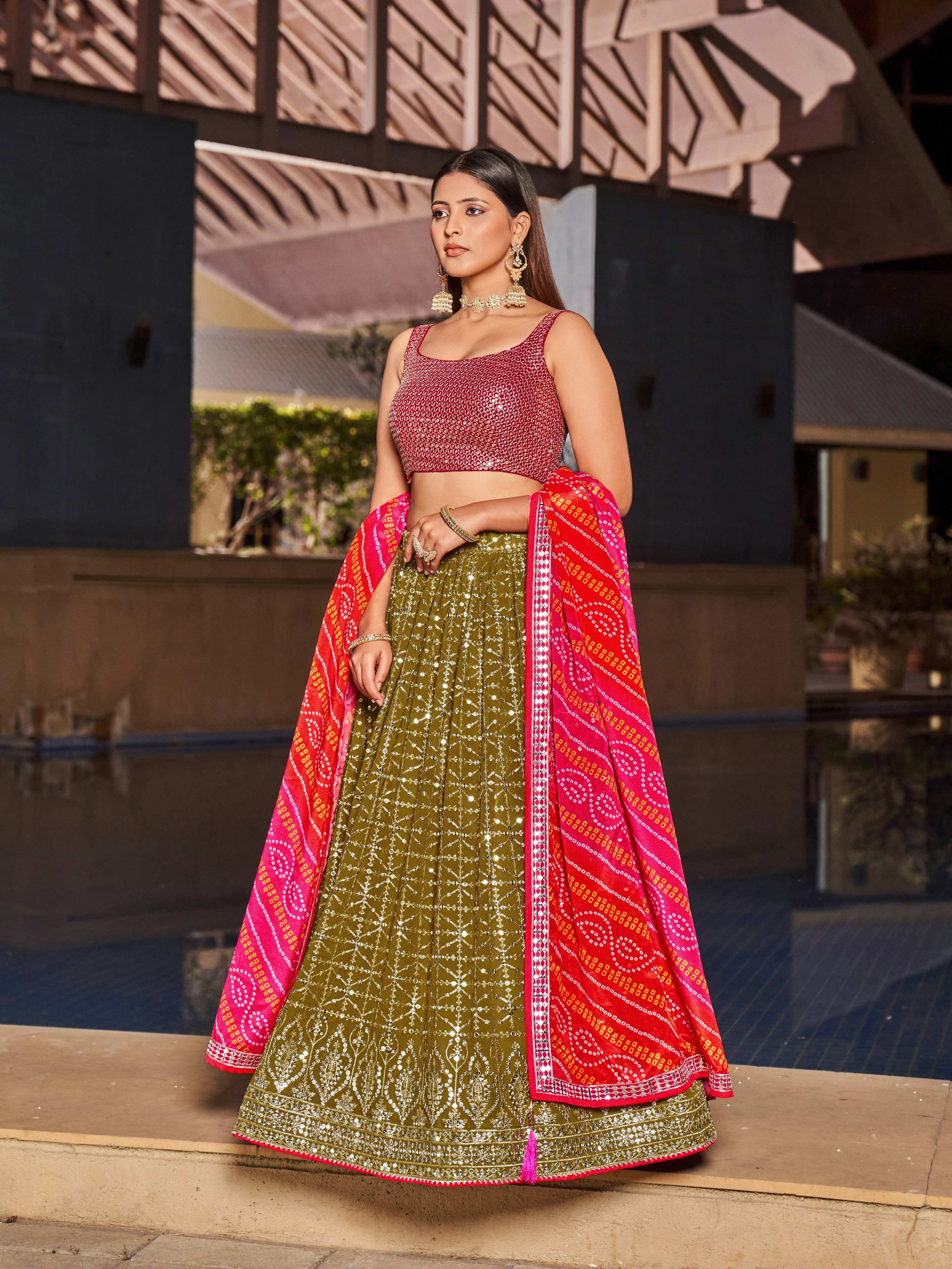 Jyoti Fashion Women's Olive Georgette Zari & Heavy Sequin Embroidery Lehenga Choli & Dupatta | Grocsy