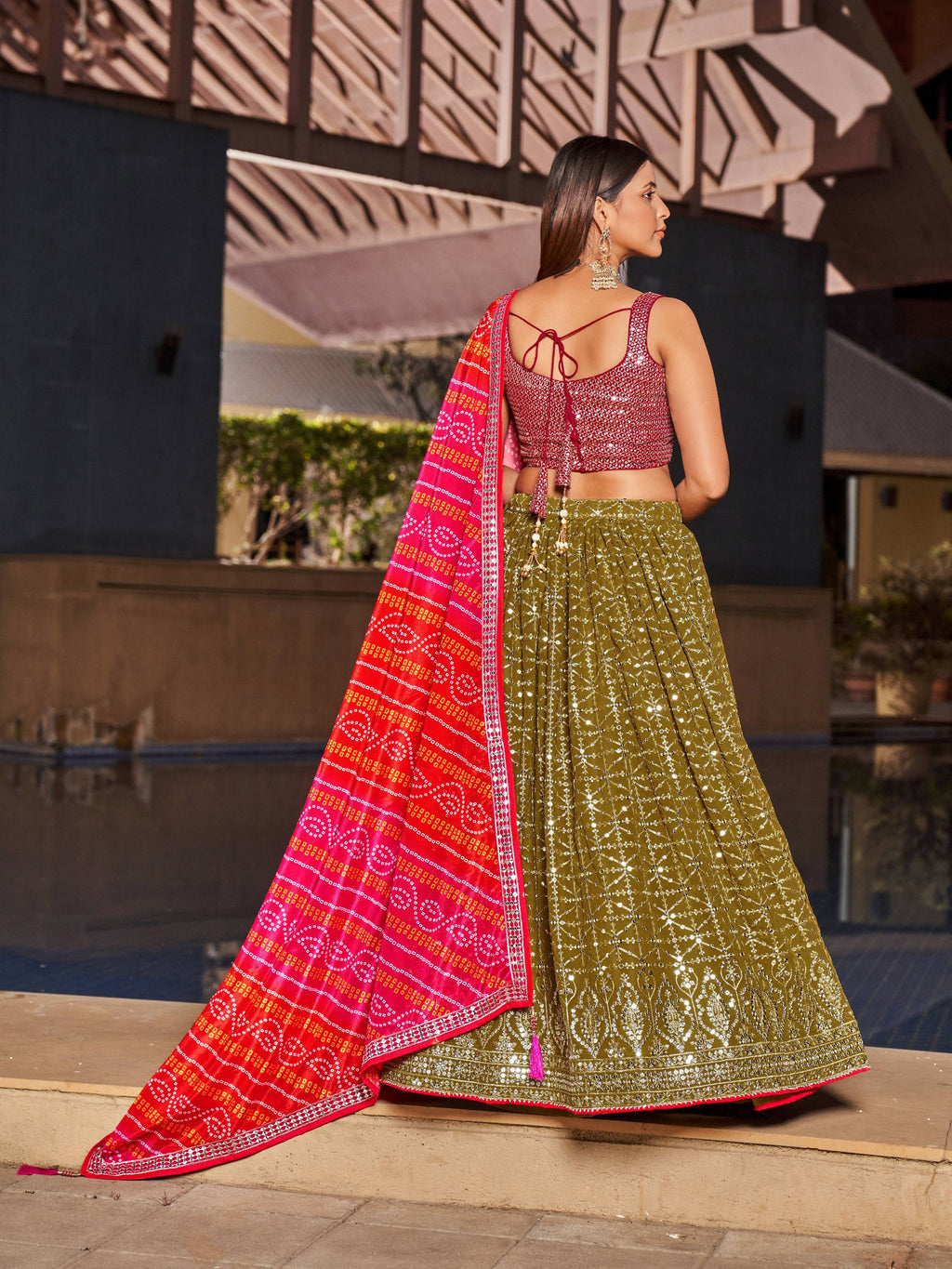 Jyoti Fashion Women's Olive Georgette Zari & Heavy Sequin Embroidery Lehenga Choli & Dupatta | Grocsy