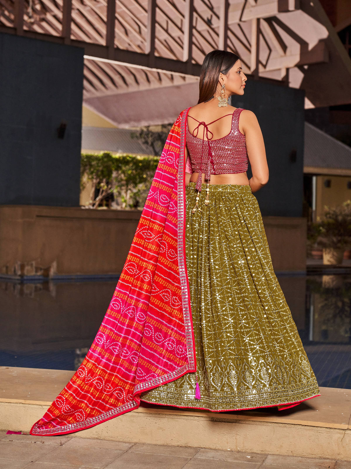 Jyoti Fashion Women's Olive Georgette Zari & Heavy Sequin Embroidery Lehenga Choli & Dupatta | Grocsy