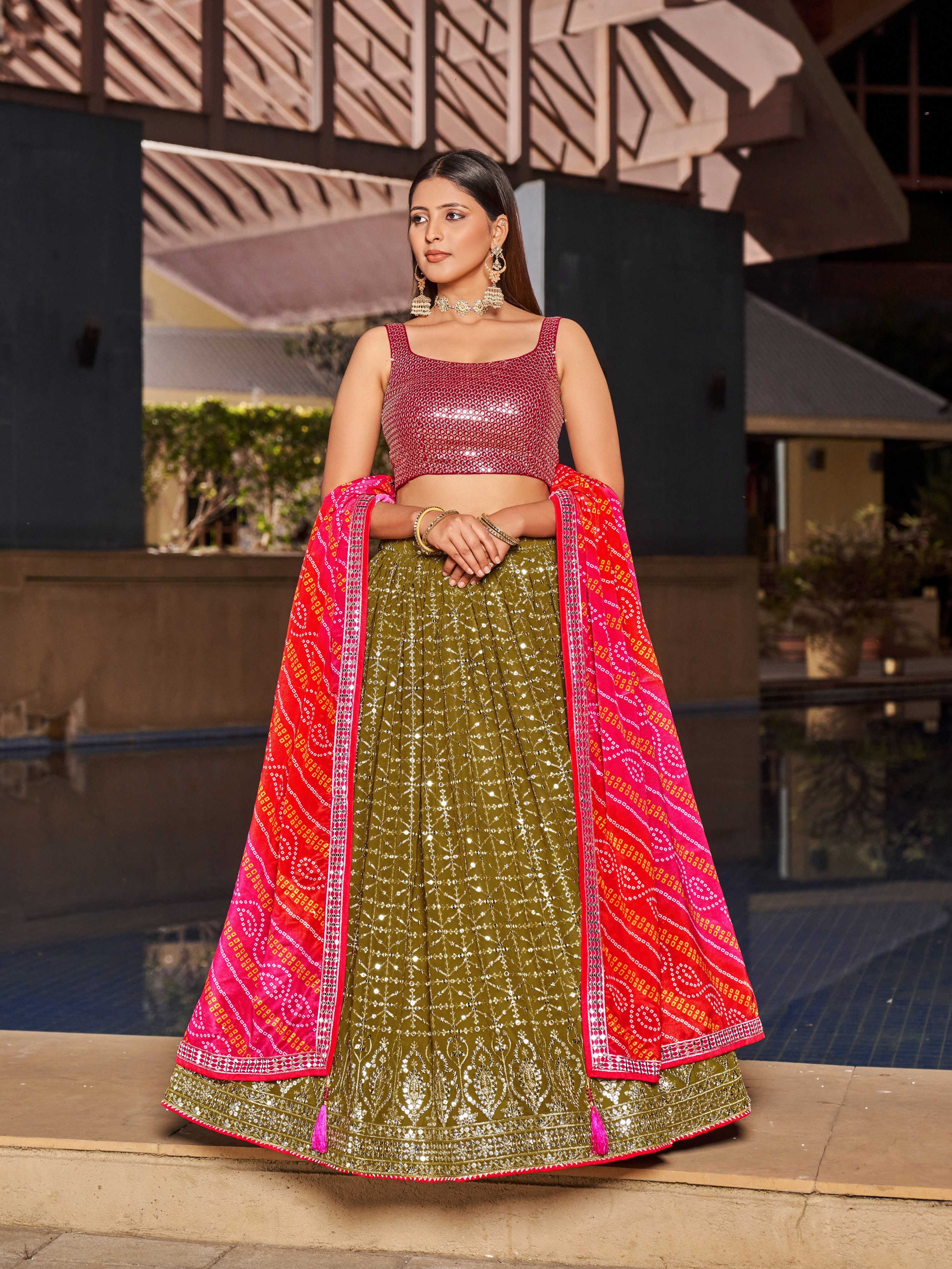 Jyoti Fashion Women's Olive Georgette Zari & Heavy Sequin Embroidery Lehenga Choli & Dupatta | Grocsy