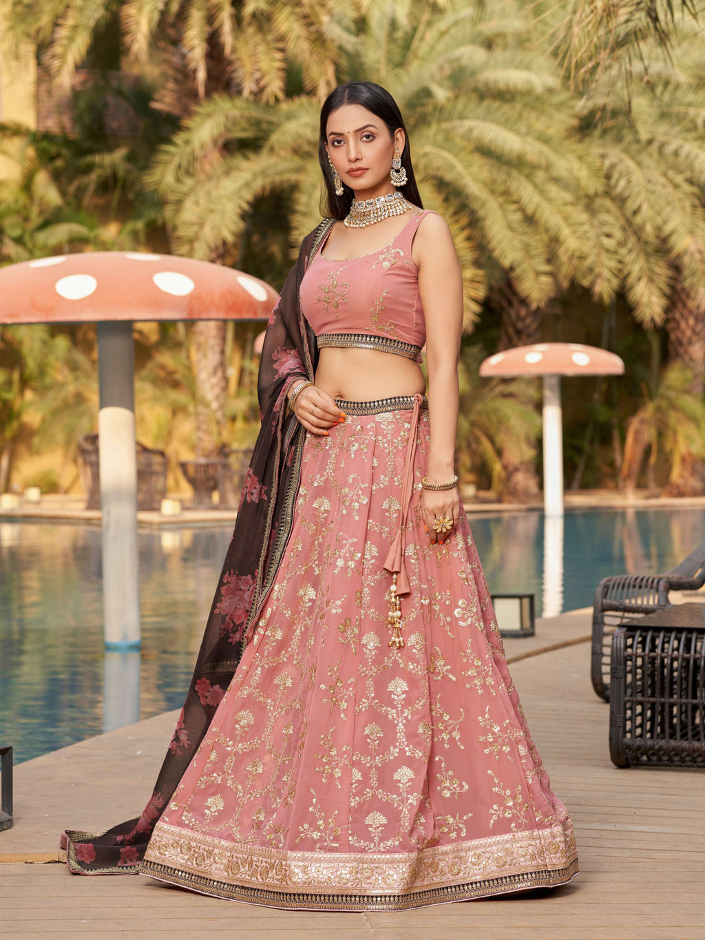 Jyoti Fashion Women's Pink Georgette Zari & Heavy Sequin Embroidery Lehenga Choli & Dupatta | Grocsy