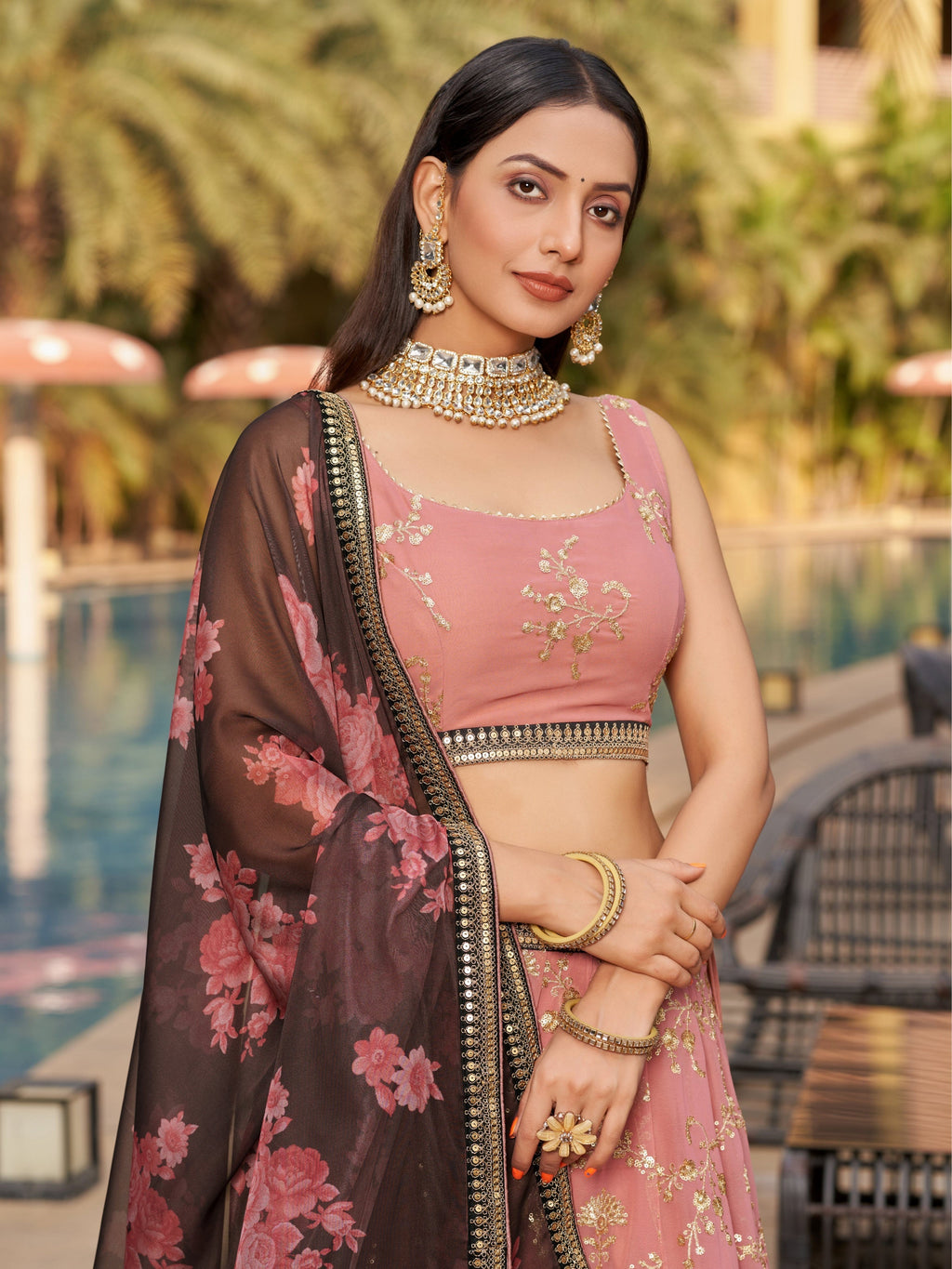 Jyoti Fashion Women's Pink Georgette Zari & Heavy Sequin Embroidery Lehenga Choli & Dupatta | Grocsy