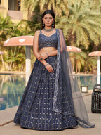 Jyoti Fashion Women's Grey Georgette Zari & Heavy Sequin Embroidery Lehenga Choli & Dupatta | Grocsy