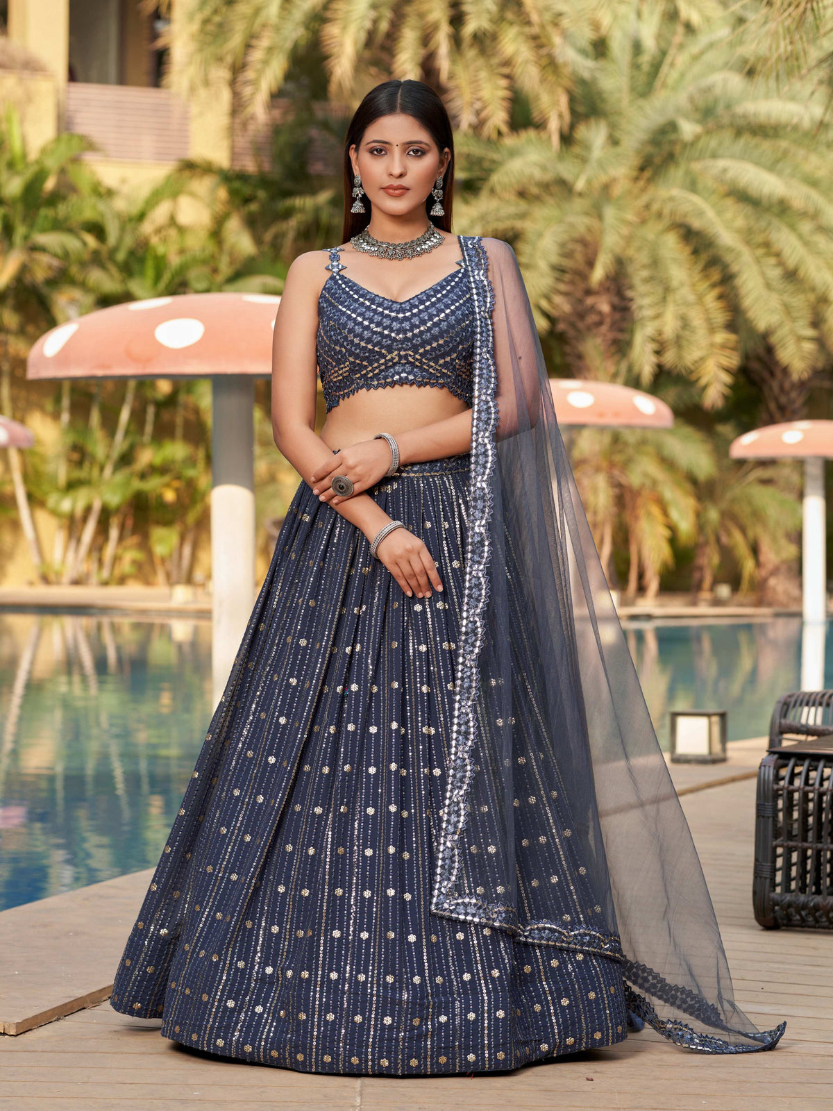 Jyoti Fashion Women's Grey Georgette Zari & Heavy Sequin Embroidery Lehenga Choli & Dupatta | Grocsy