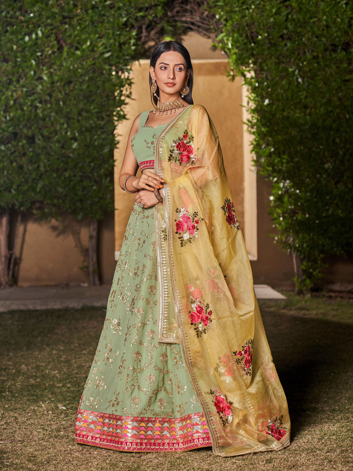 Jyoti Fashion Women's Pista Georgette Zari & Heavy Sequin Embroidery Lehenga Choli & Dupatta | Grocsy