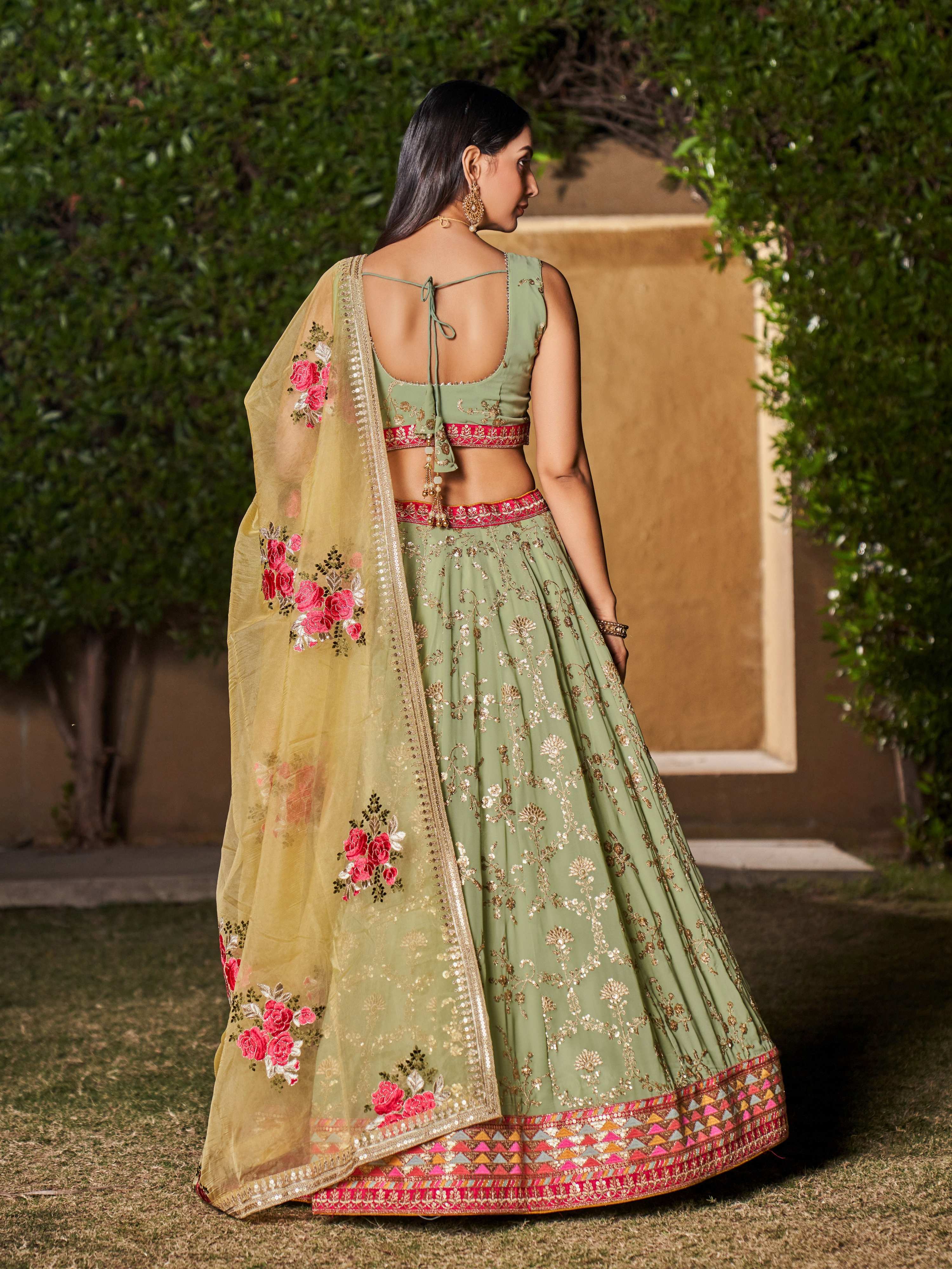 Jyoti Fashion Women's Pista Georgette Zari & Heavy Sequin Embroidery Lehenga Choli & Dupatta | Grocsy