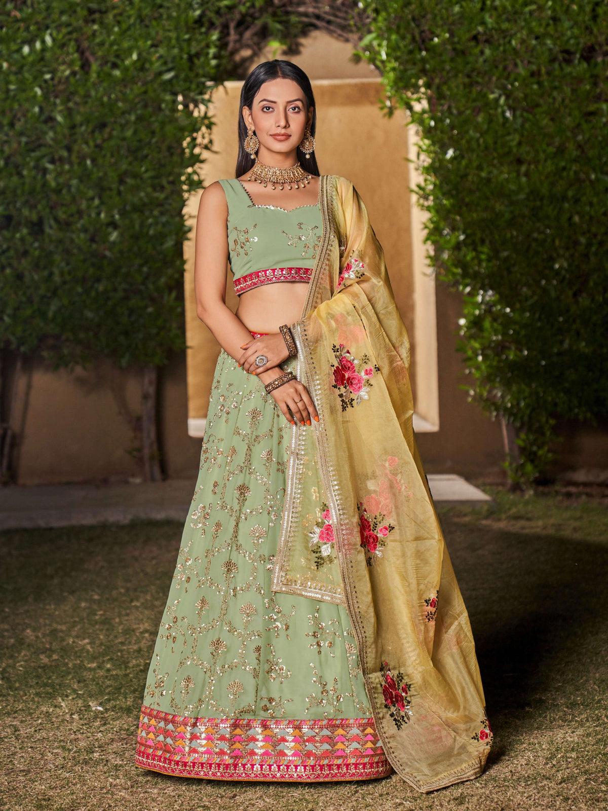 Jyoti Fashion Women's Pista Georgette Zari & Heavy Sequin Embroidery Lehenga Choli & Dupatta | Grocsy
