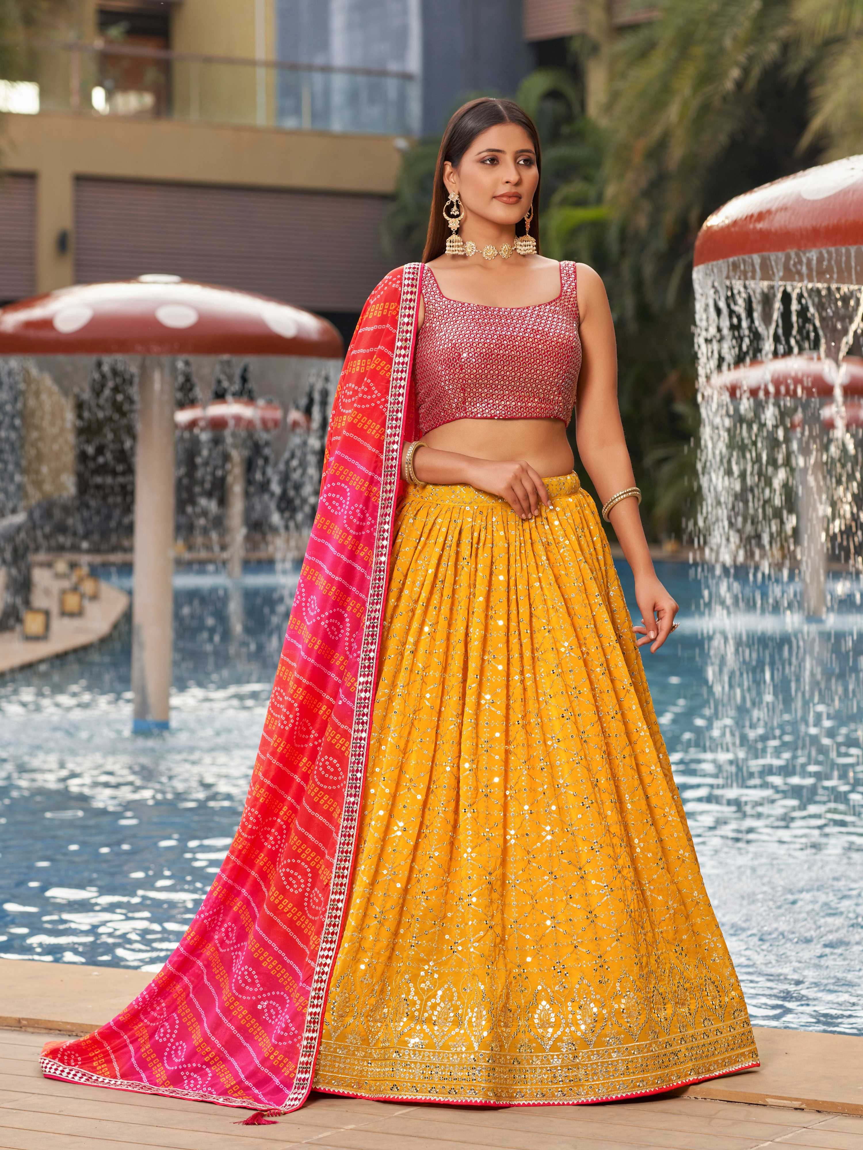 Jyoti Fashion Women's Yellow Georgette Zari & Heavy Sequin Embroidery Lehenga Choli & Dupatta | Grocsy