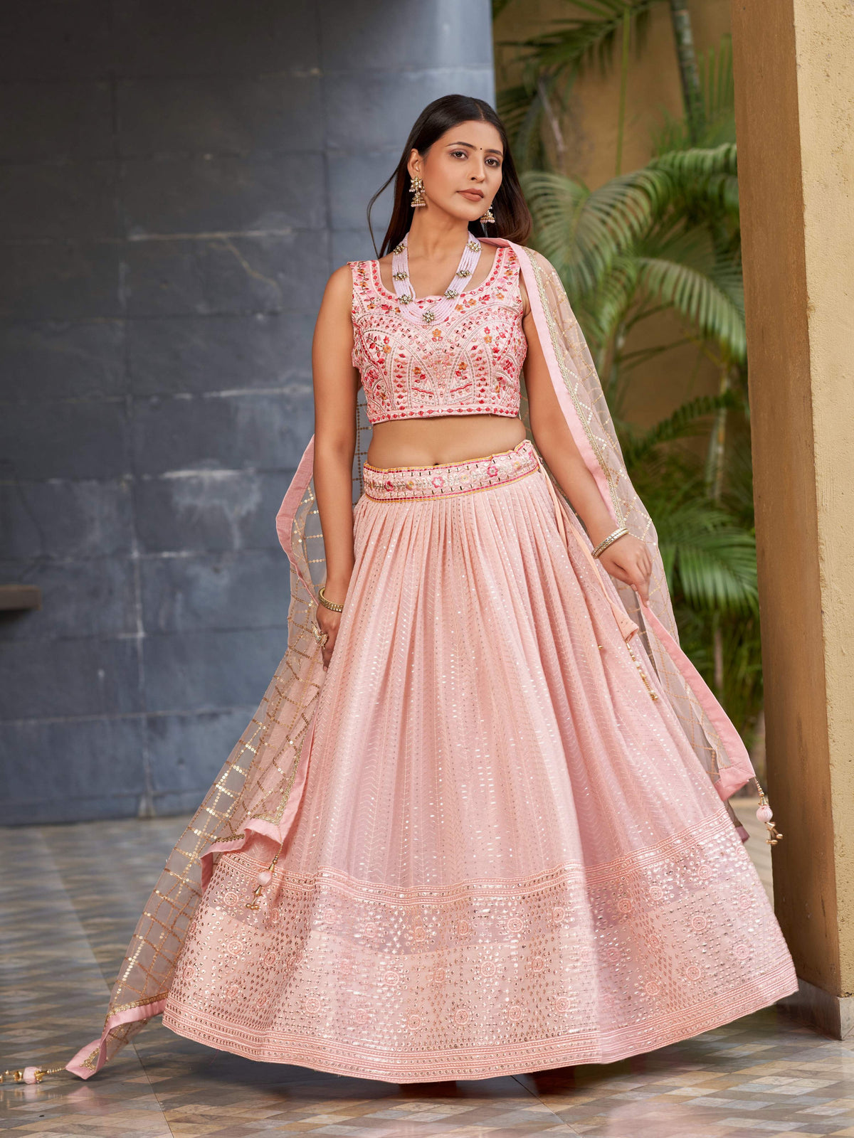Jyoti Fashion Women's Pink Georgette Zari & Heavy Sequin Embroidery Lehenga Choli & Dupatta | Grocsy