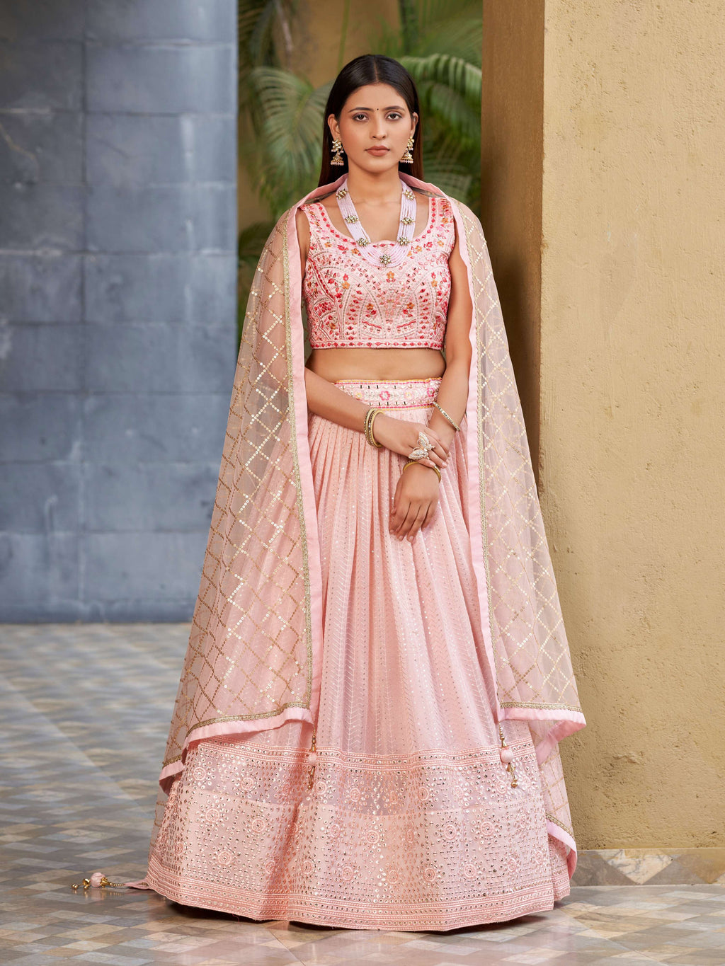 Jyoti Fashion Women's Pink Georgette Zari & Heavy Sequin Embroidery Lehenga Choli & Dupatta | Grocsy