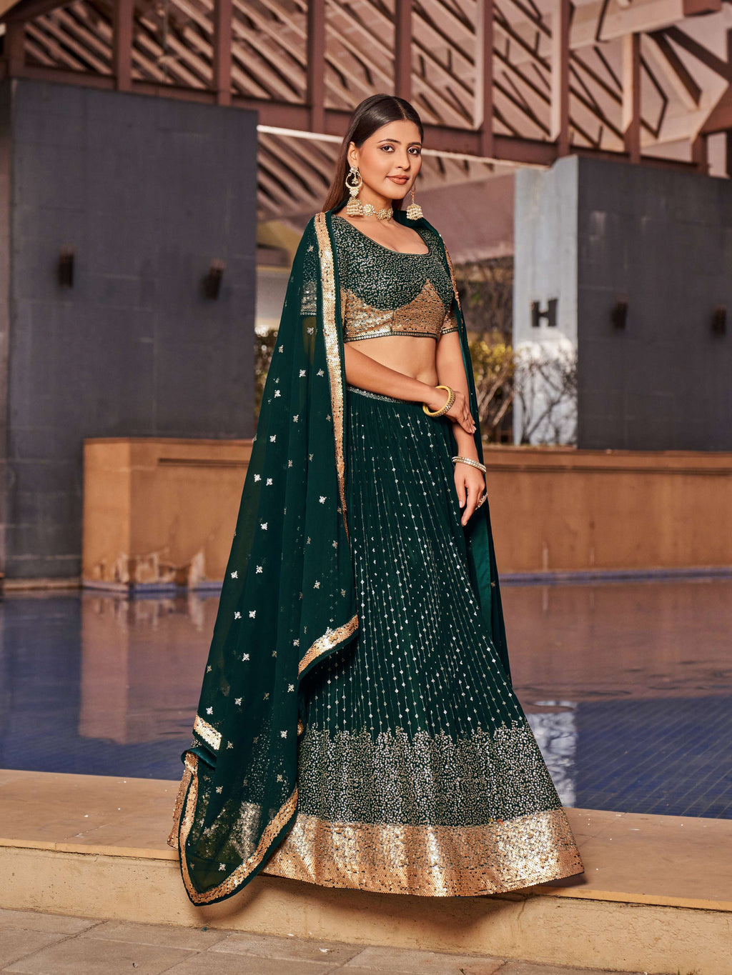Jyoti Fashion Women's Green Georgette Zari & Heavy Sequin Embroidery Lehenga Choli & Dupatta | Grocsy