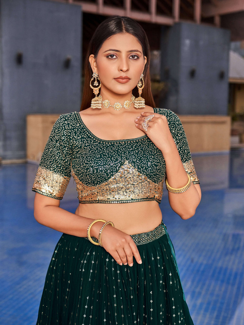 Jyoti Fashion Women's Green Georgette Zari & Heavy Sequin Embroidery Lehenga Choli & Dupatta | Grocsy