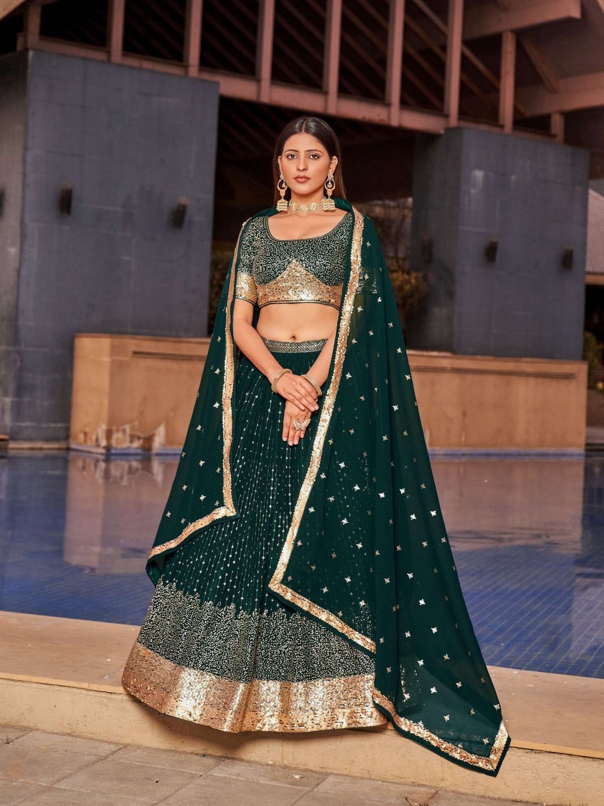Jyoti Fashion Women's Green Georgette Zari & Heavy Sequin Embroidery Lehenga Choli & Dupatta | Grocsy