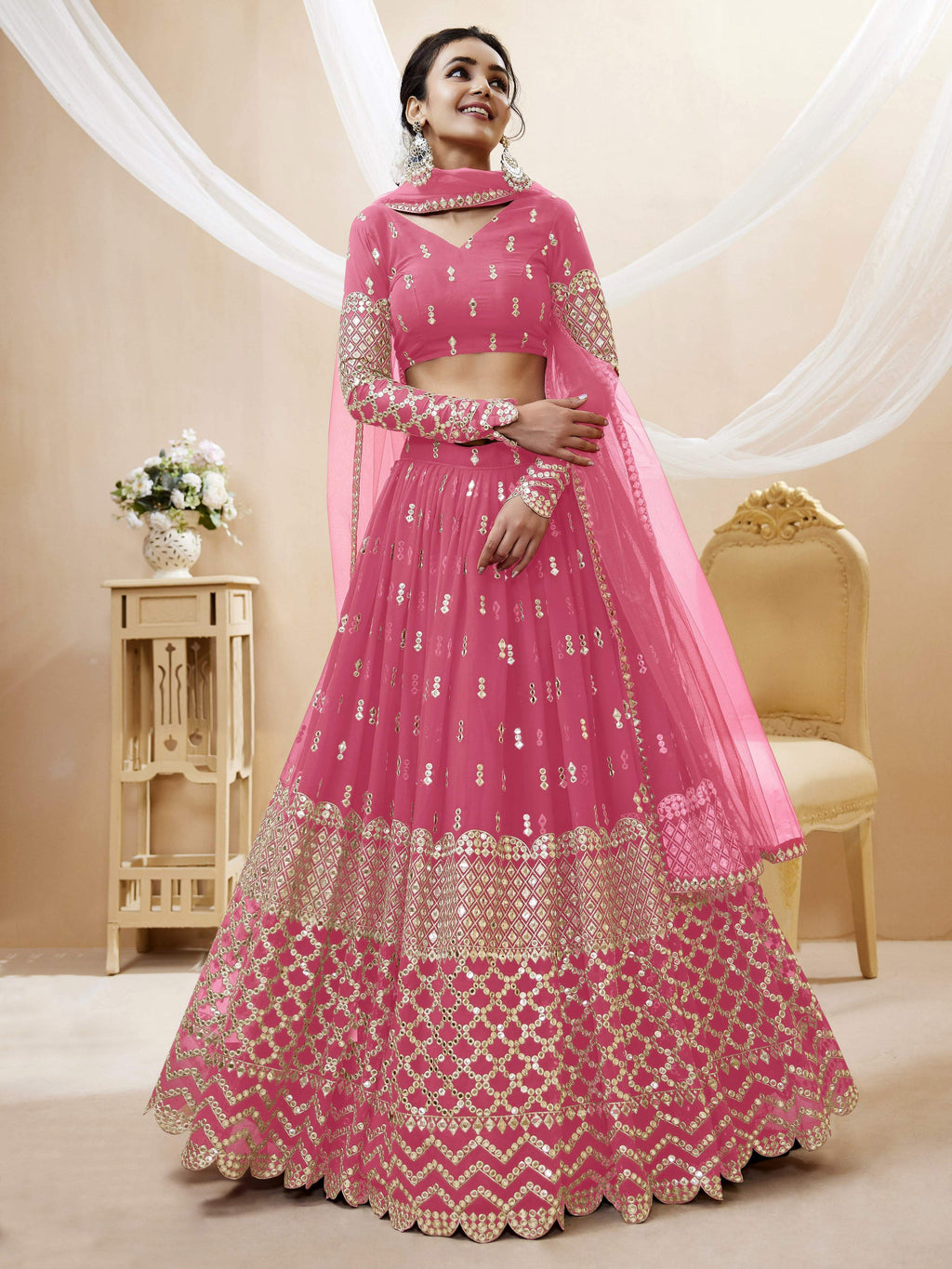 Jyoti Fashion Women's Pink Georgette Sequins Zari Embroidered Lehenga Choli & Dupatta | Grocsy
