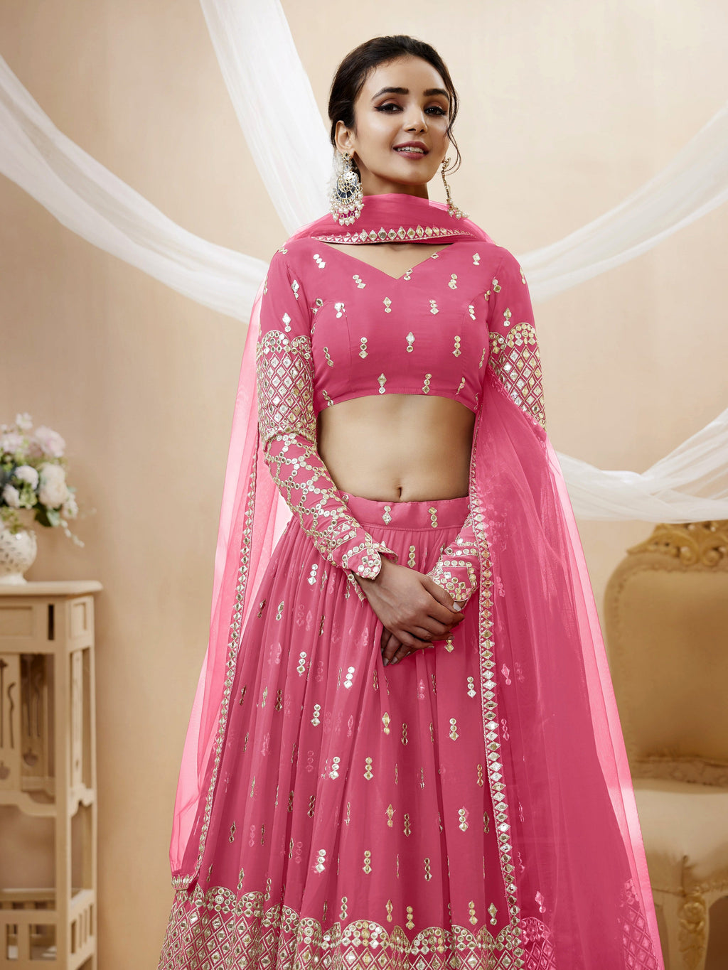 Jyoti Fashion Women's Pink Georgette Sequins Zari Embroidered Lehenga Choli & Dupatta | Grocsy