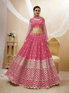 Jyoti Fashion Women's Pink Georgette Sequins Zari Embroidered Lehenga Choli & Dupatta | Grocsy