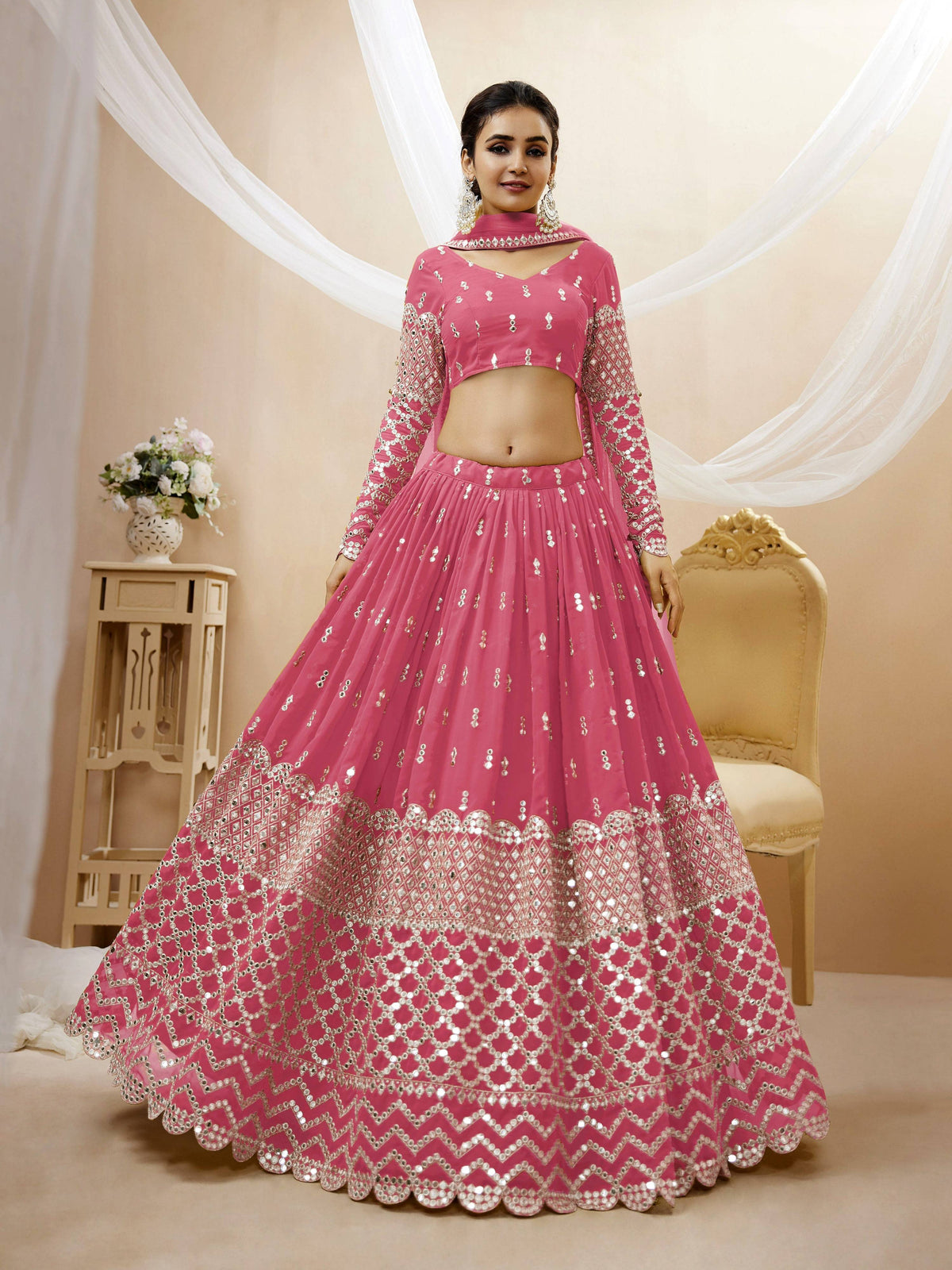 Jyoti Fashion Women's Pink Georgette Sequins Zari Embroidered Lehenga Choli & Dupatta | Grocsy