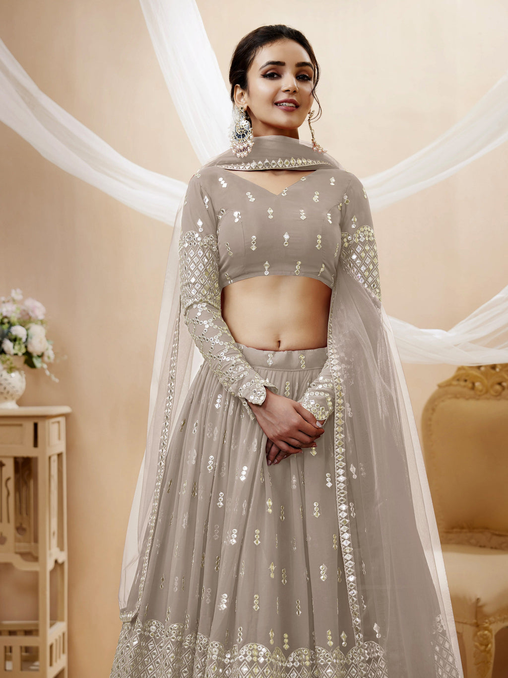 Jyoti Fashion Women's Grey Georgette Sequins Zari Embroidered Lehenga Choli & Dupatta | Grocsy
