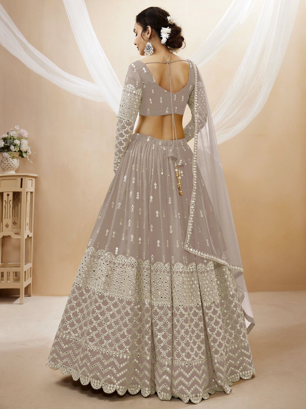 Jyoti Fashion Women's Grey Georgette Sequins Zari Embroidered Lehenga Choli & Dupatta | Grocsy