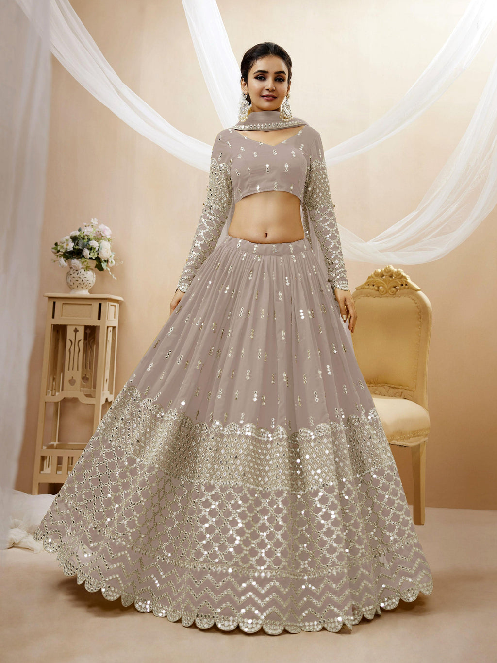 Jyoti Fashion Women's Grey Georgette Sequins Zari Embroidered Lehenga Choli & Dupatta | Grocsy