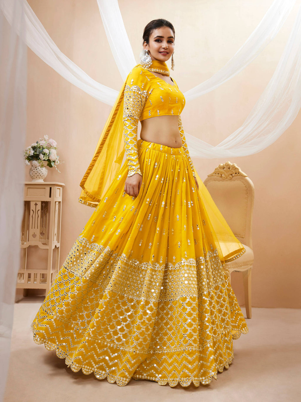Jyoti Fashion Women's Yellow Georgette Sequins Zari Embroidered Lehenga Choli & Dupatta | Grocsy