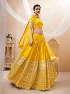 Jyoti Fashion Women's Yellow Georgette Sequins Zari Embroidered Lehenga Choli & Dupatta | Grocsy
