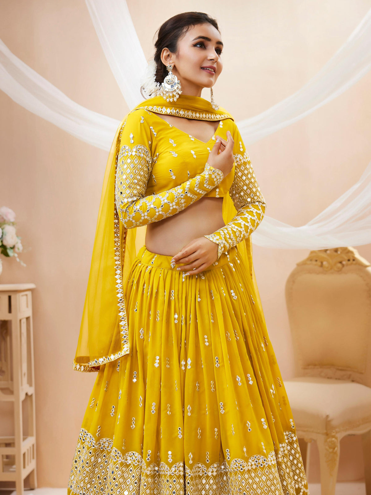 Jyoti Fashion Women's Yellow Georgette Sequins Zari Embroidered Lehenga Choli & Dupatta | Grocsy