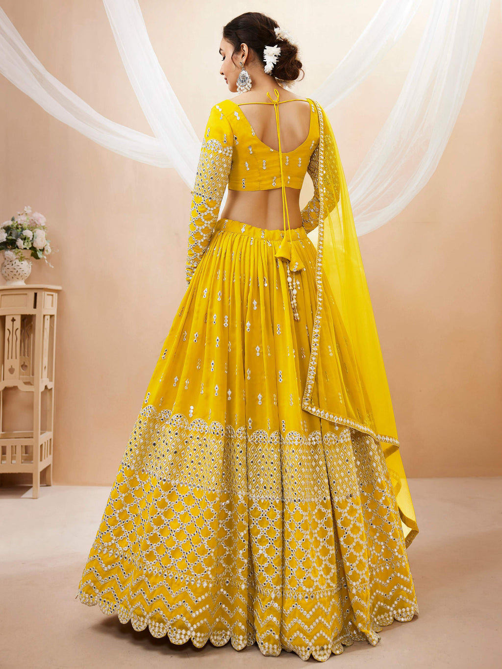 Jyoti Fashion Women's Yellow Georgette Sequins Zari Embroidered Lehenga Choli & Dupatta | Grocsy