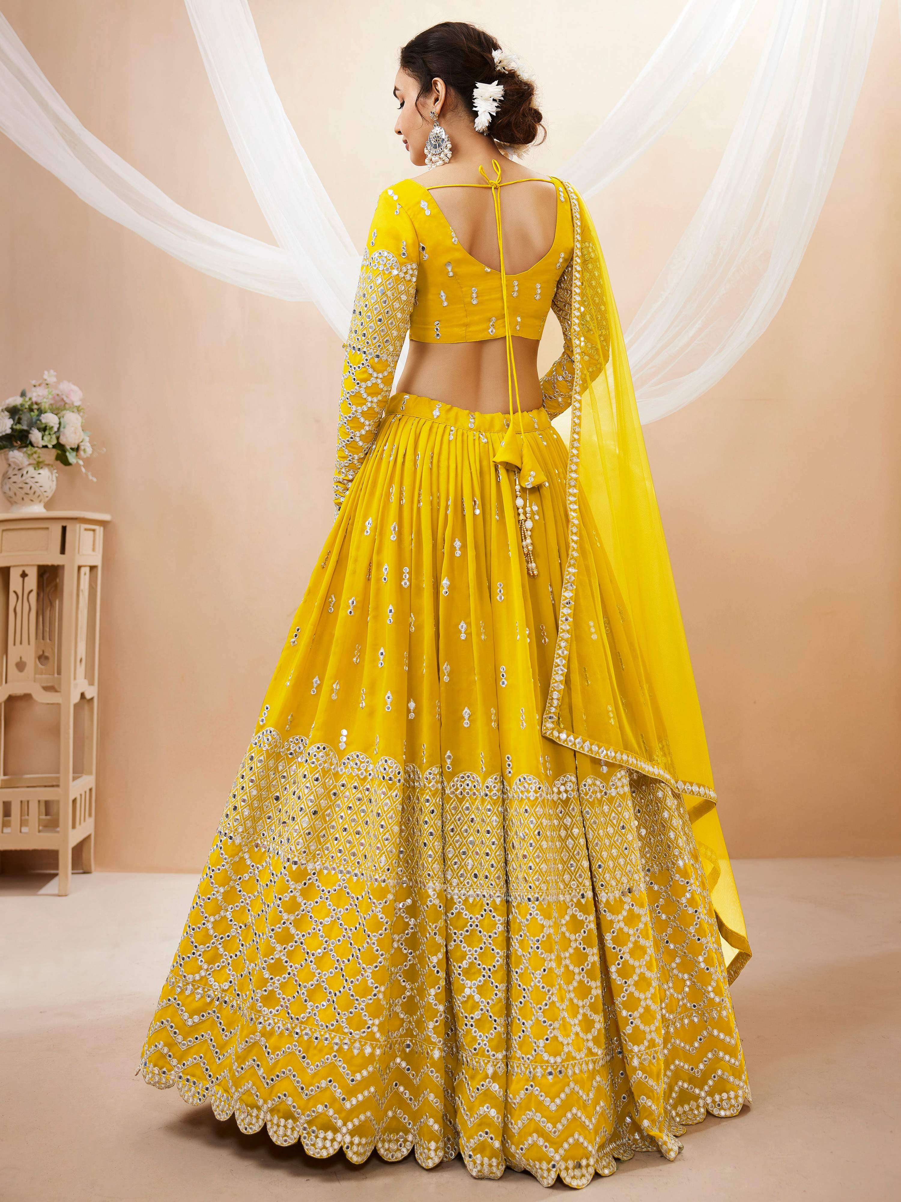 Jyoti Fashion Women's Yellow Georgette Sequins Zari Embroidered Lehenga Choli & Dupatta | Grocsy